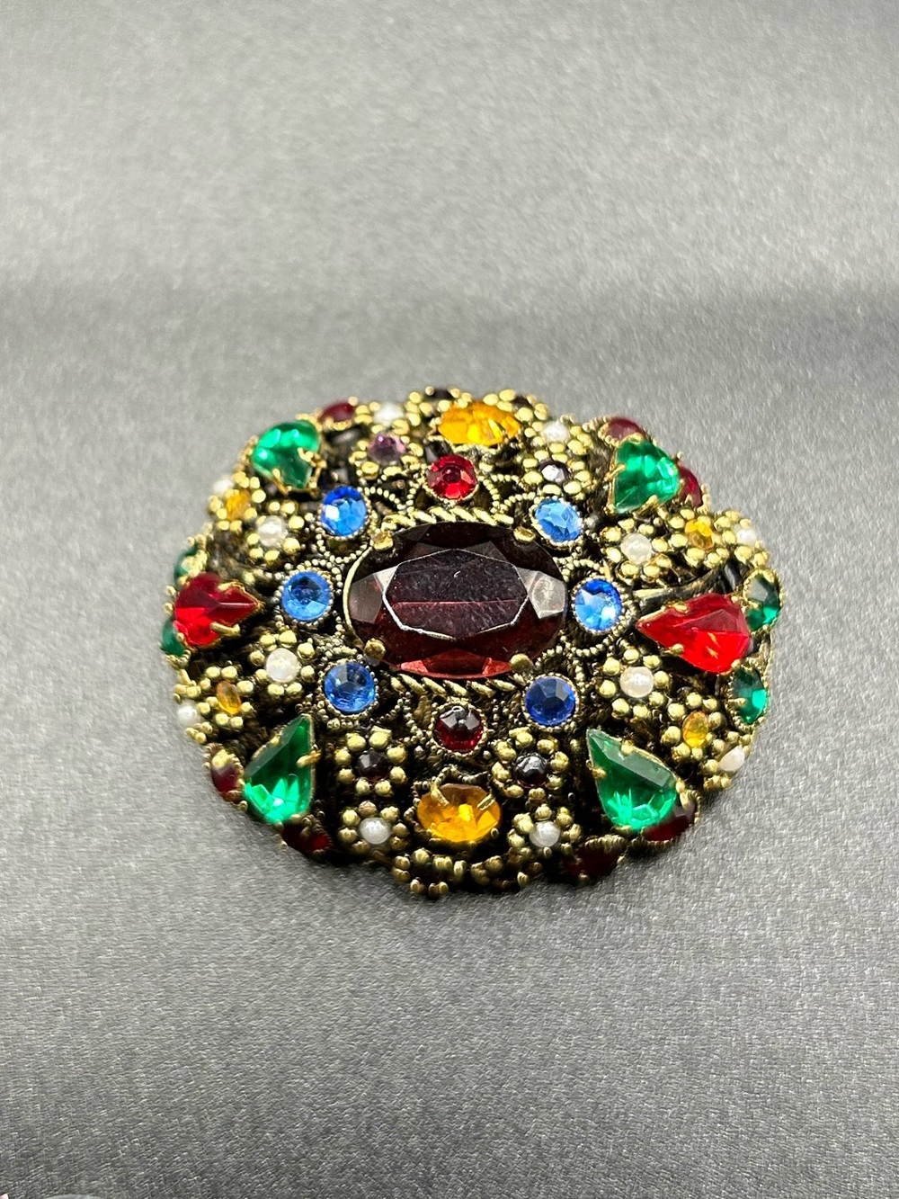Vintage Czech brooch Colorful multicolour  gold tone filigree with faux pearl